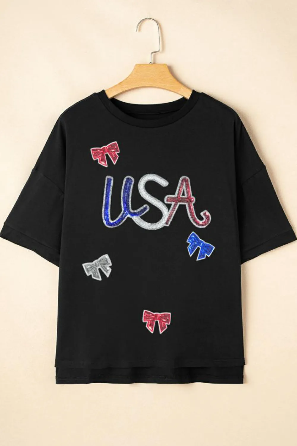 Outlet Dear-Lover Sequin USA Bow Graphic Independence Day T Shirt Black