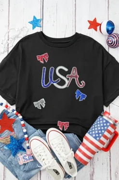 Outlet Dear-Lover Sequin USA Bow Graphic Independence Day T Shirt Black