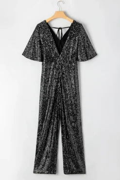 Sale Dear-Lover Sequin V Neck Flutter Sleeve Wide Leg Jumpsuit Black