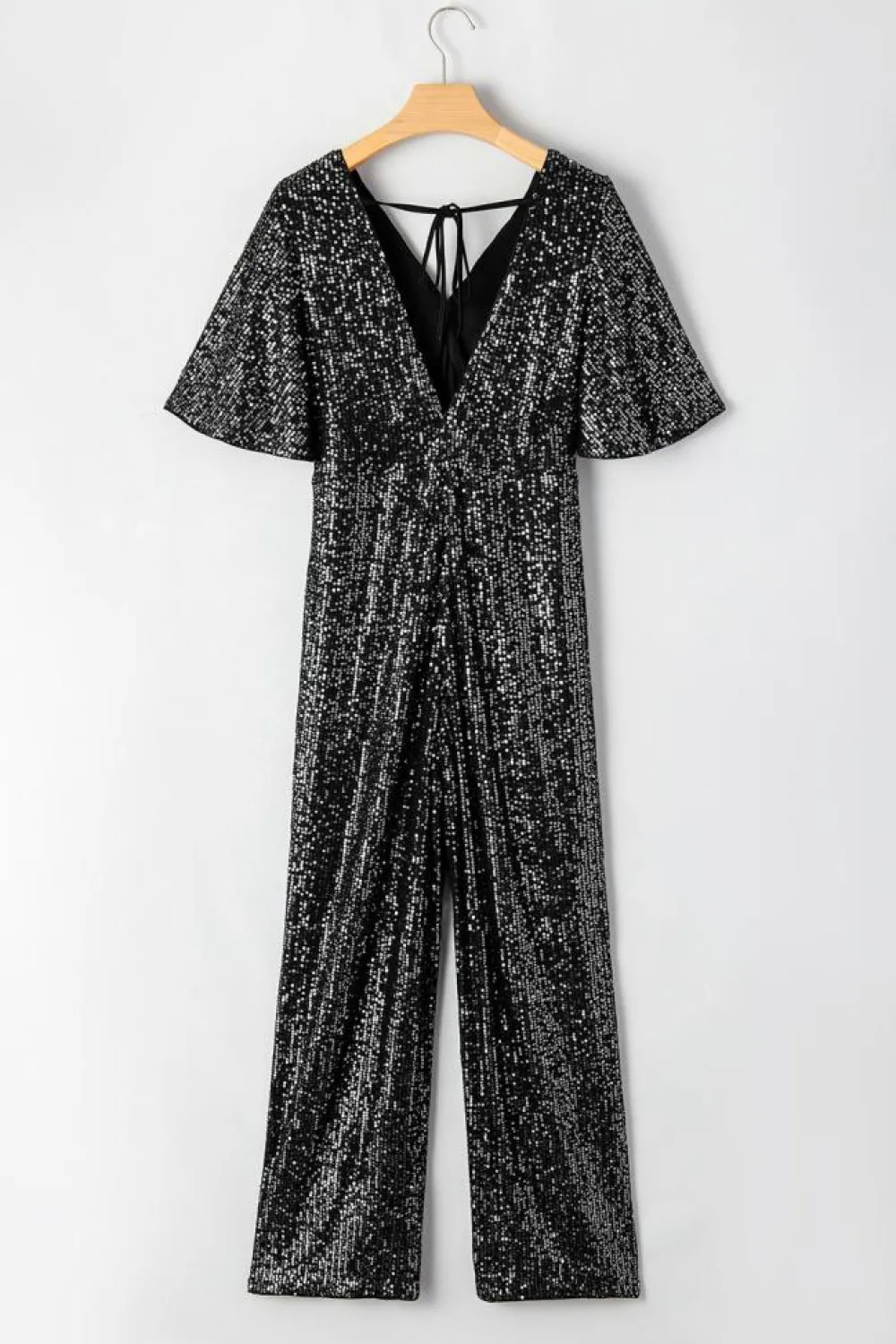 Sale Dear-Lover Sequin V Neck Flutter Sleeve Wide Leg Jumpsuit Black