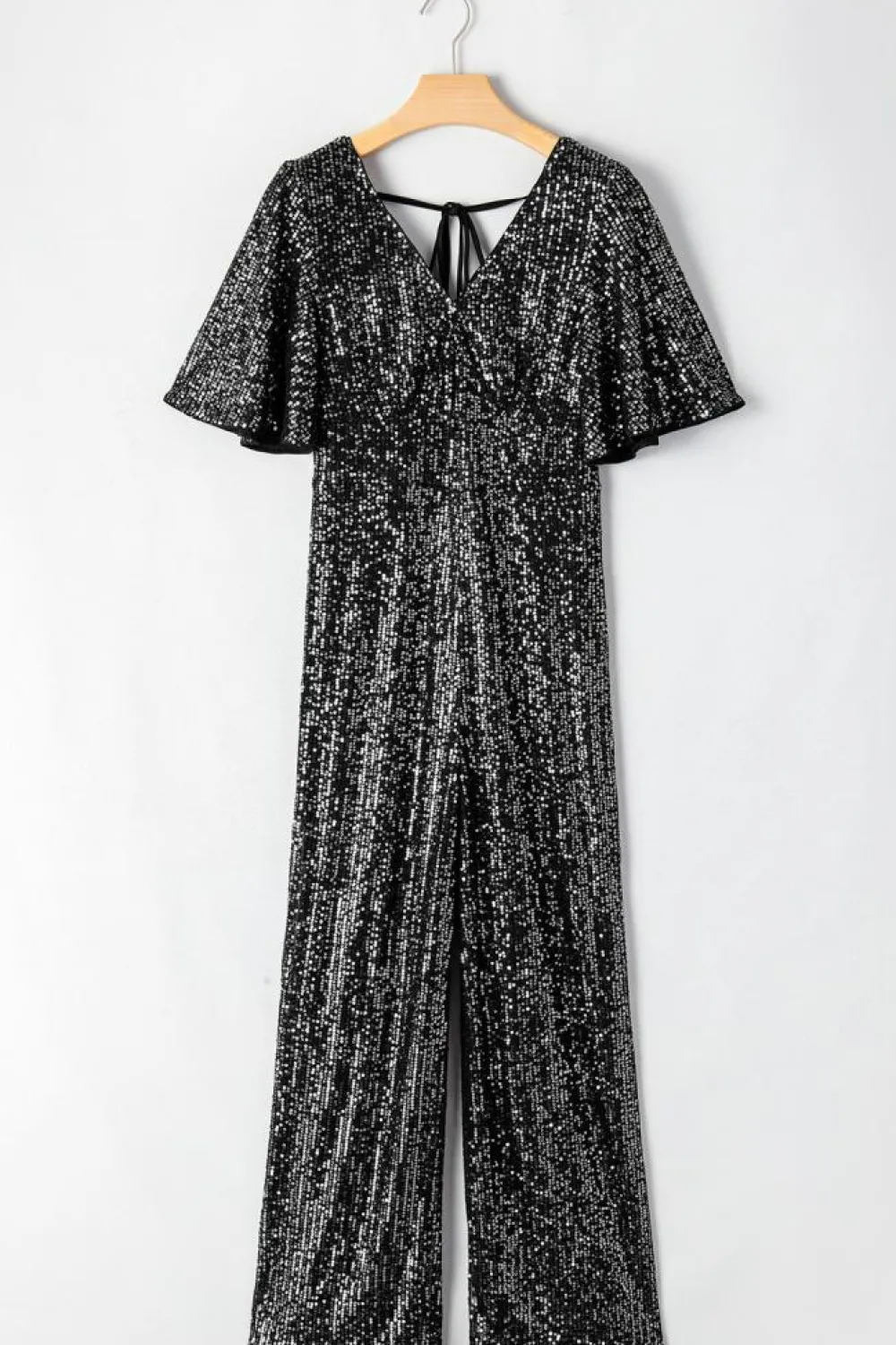Sale Dear-Lover Sequin V Neck Flutter Sleeve Wide Leg Jumpsuit Black
