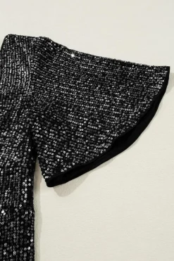 Sale Dear-Lover Sequin V Neck Flutter Sleeve Wide Leg Jumpsuit Black
