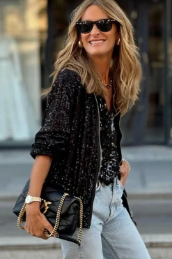 Online Dear-Lover Sequin Zip up Round Neck Long Sleeve Jacket Black