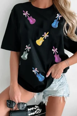 Best Dear-Lover Sequined Bow Guitar Country Music Festival Casual Tee Black