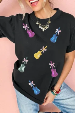 Best Dear-Lover Sequined Bow Guitar Country Music Festival Casual Tee Black
