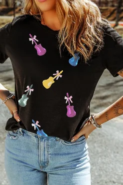 Best Dear-Lover Sequined Bow Guitar Country Music Festival Casual Tee Black