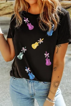 Best Dear-Lover Sequined Bow Guitar Country Music Festival Casual Tee Black