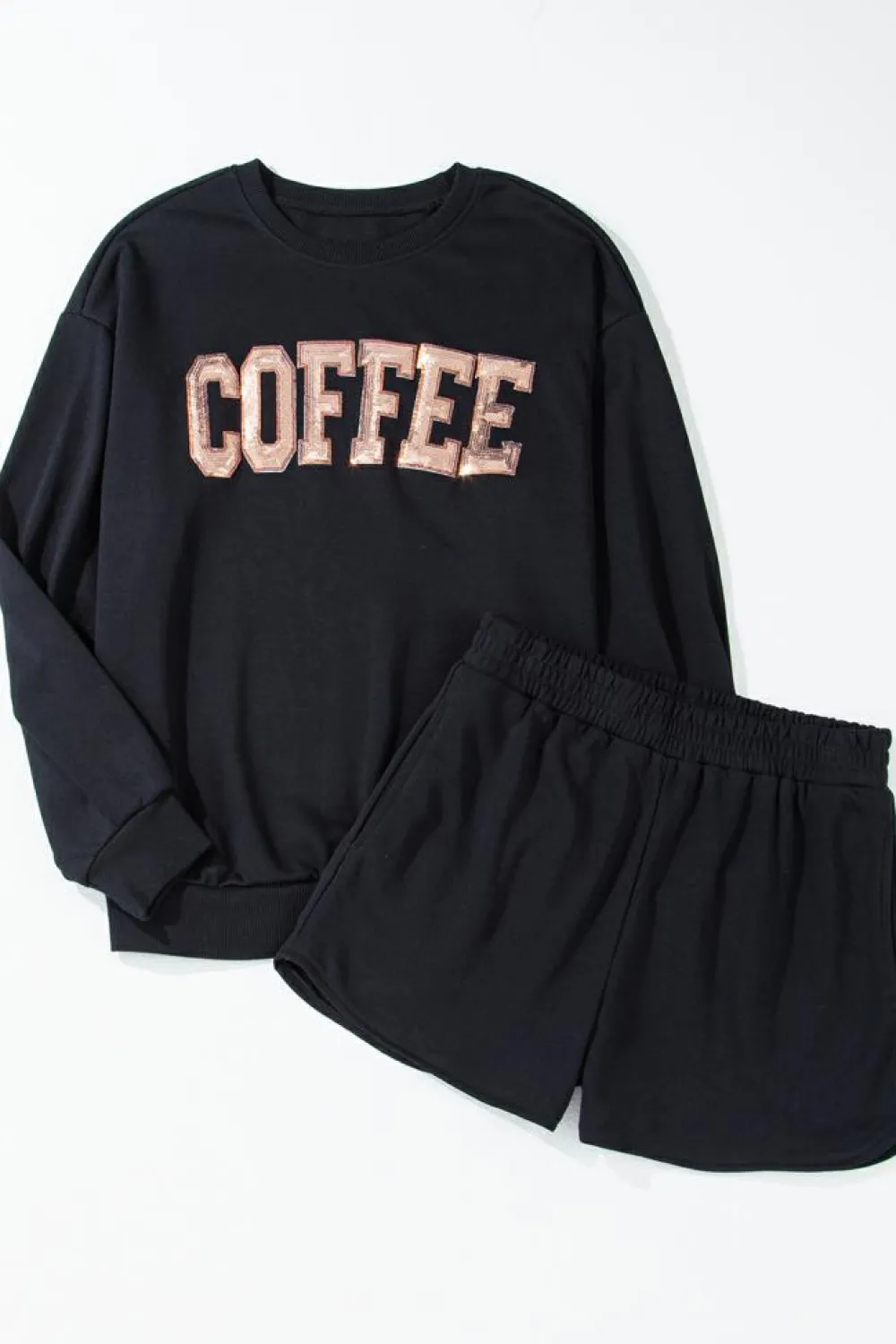 Discount Dear-Lover Sequined COFFEE Loose Fit Sweatshirt and Shorts Set Black