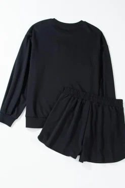 Discount Dear-Lover Sequined COFFEE Loose Fit Sweatshirt and Shorts Set Black