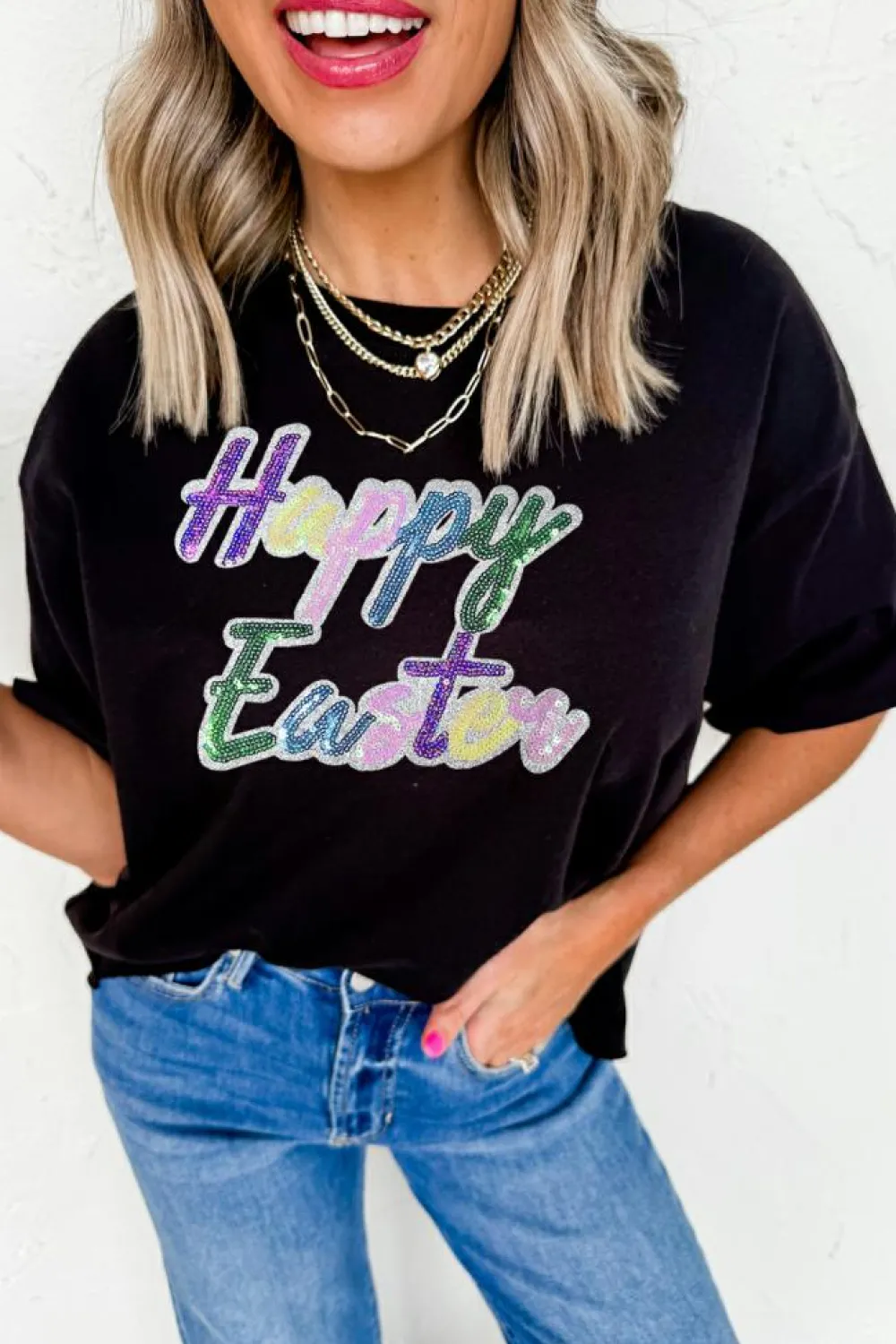 New Dear-Lover Sequined Happy Easter Graphic Tee Black
