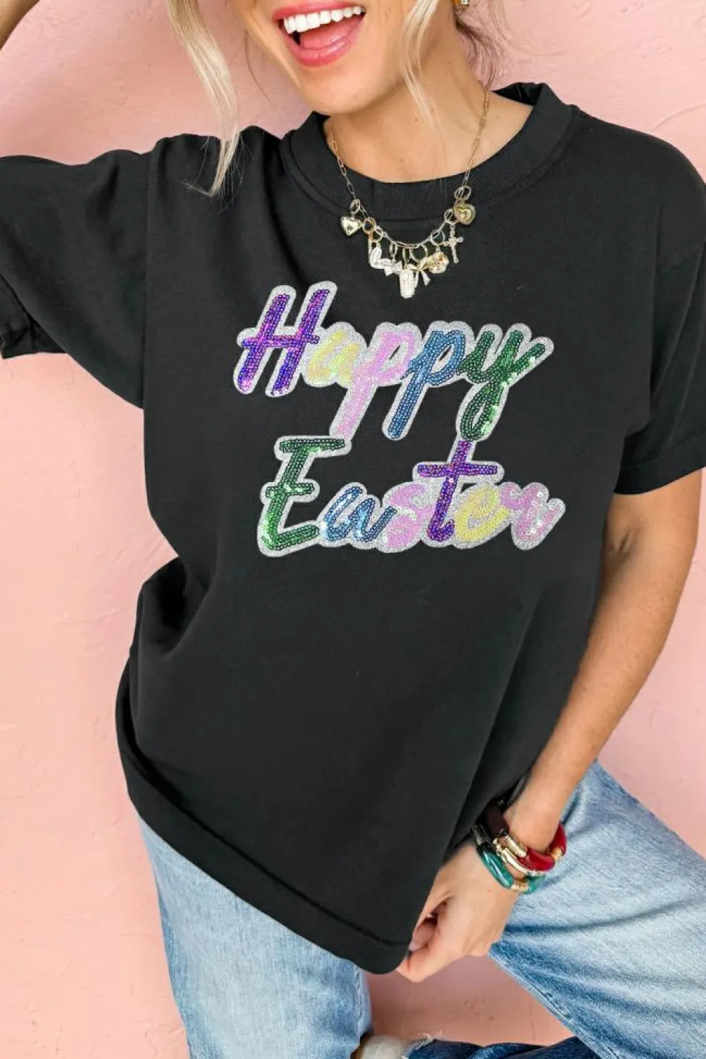 New Dear-Lover Sequined Happy Easter Graphic Tee Black