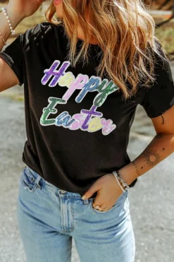 New Dear-Lover Sequined Happy Easter Graphic Tee Black