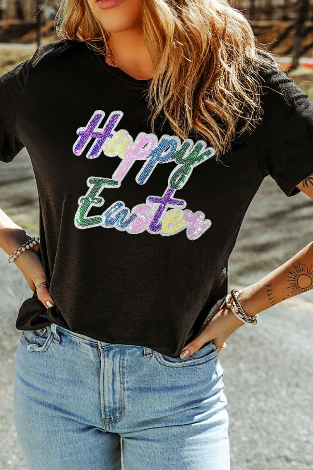 New Dear-Lover Sequined Happy Easter Graphic Tee Black