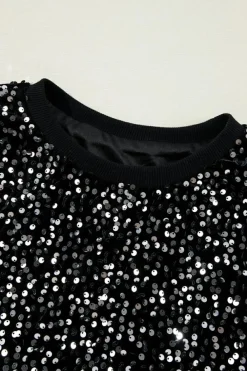 Hot Dear-Lover Sequined Long Sleeve Crew Neck Cropped Blouse Black