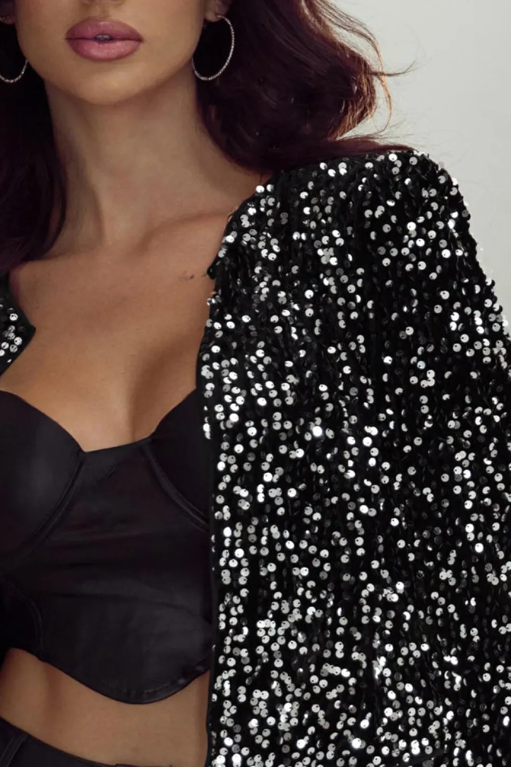 Hot Dear-Lover Sequined Open Front Cropped Jacket Black