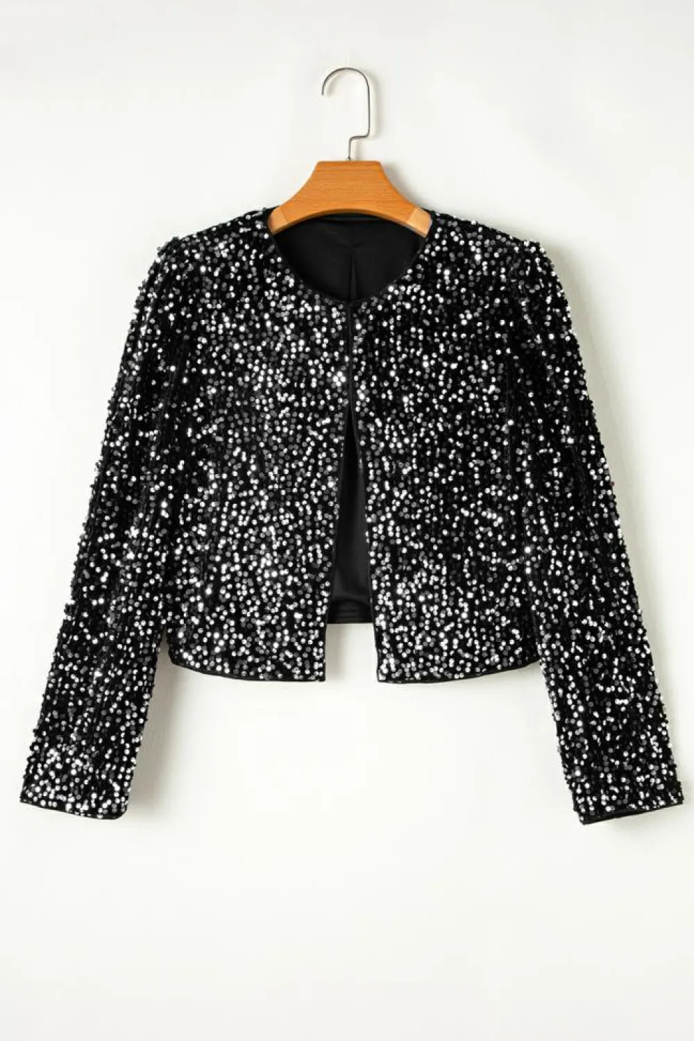 Hot Dear-Lover Sequined Open Front Cropped Jacket Black