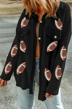 Outlet Dear-Lover Sequined Rugby Flap Pockets Buttoned Shacket Black