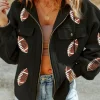 Hot Dear-Lover Sequined Rugby Football Pattern Pocketed Zipper Hooded Jacket Black