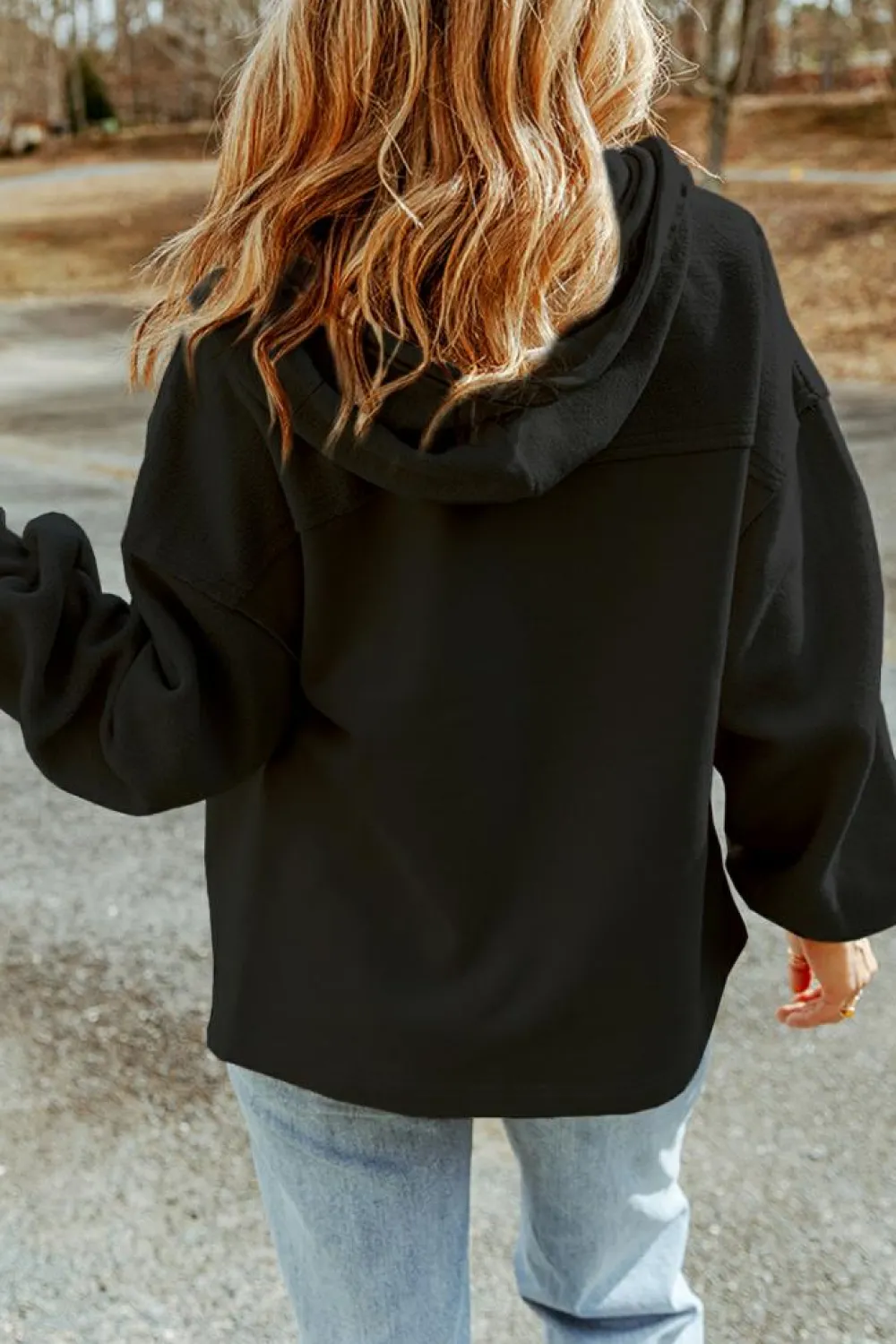 Hot Dear-Lover Sequined Rugby Football Pattern Pocketed Zipper Hooded Jacket Black