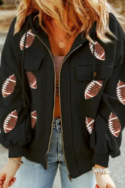 Hot Dear-Lover Sequined Rugby Football Pattern Pocketed Zipper Hooded Jacket Black