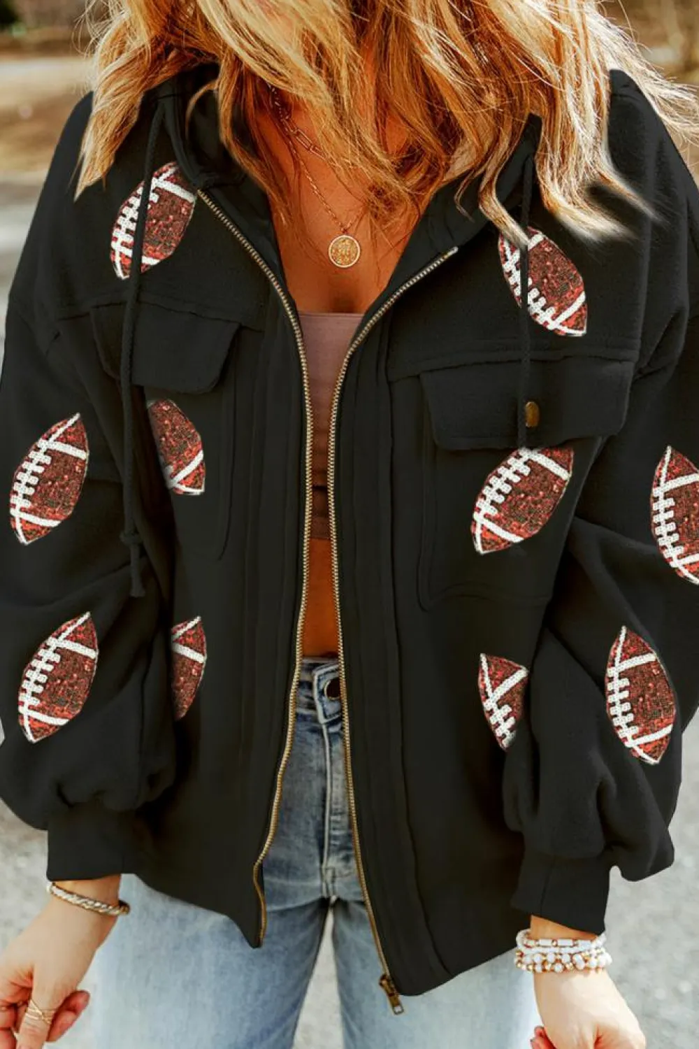Hot Dear-Lover Sequined Rugby Football Pattern Pocketed Zipper Hooded Jacket Black