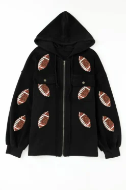 Hot Dear-Lover Sequined Rugby Football Pattern Pocketed Zipper Hooded Jacket Black