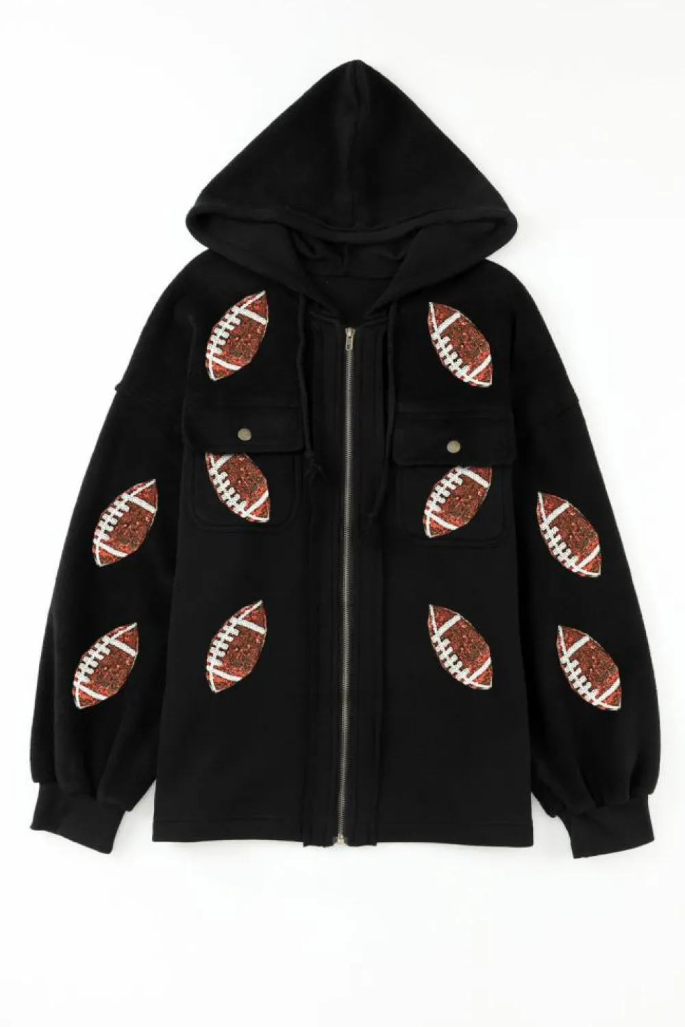 Hot Dear-Lover Sequined Rugby Football Pattern Pocketed Zipper Hooded Jacket Black