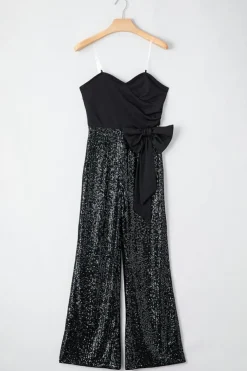 Discount Dear-Lover Sequined Tube Top Waist Knot Wide Leg Jumpsuit Black