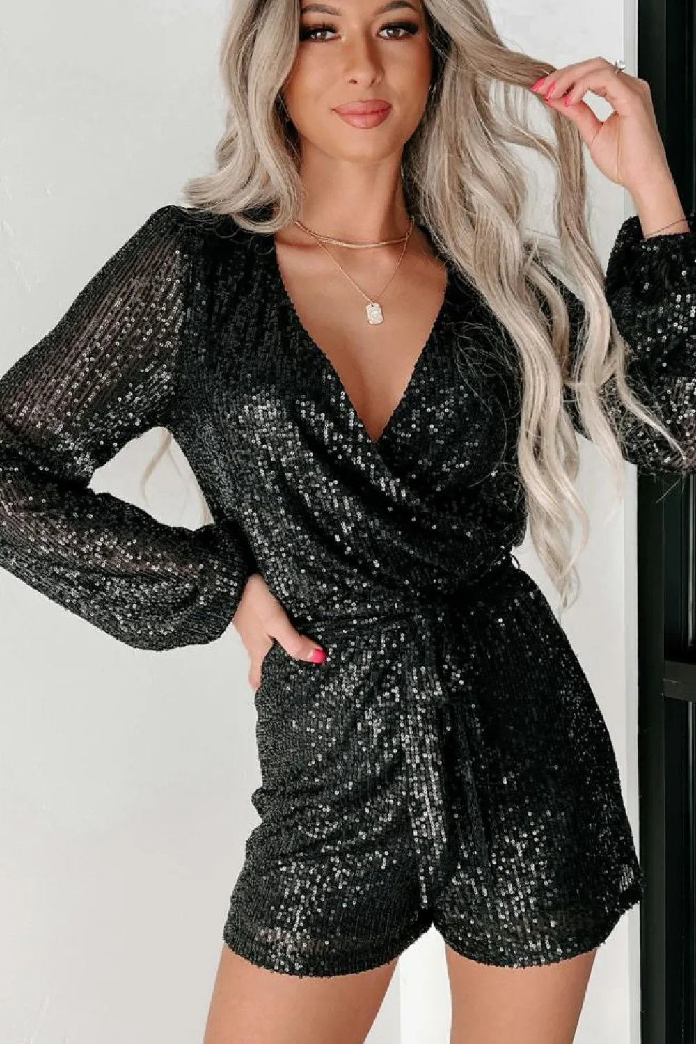 Best Dear-Lover Sequined V Neck Wrapped Long Sleeve Romper Black