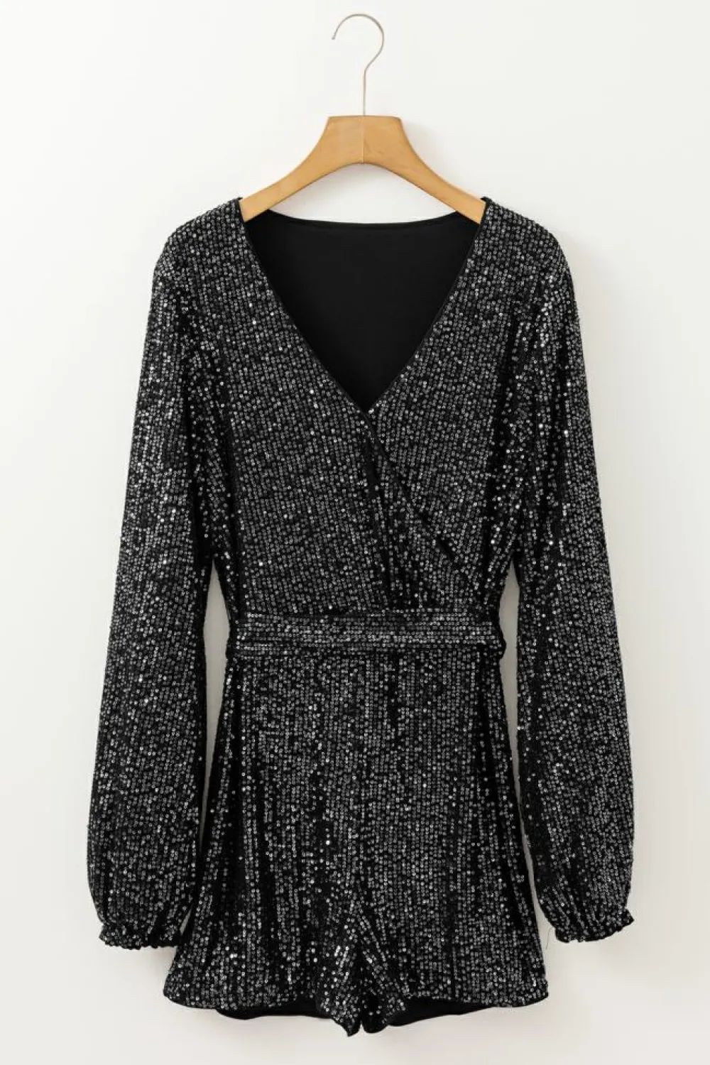 Best Dear-Lover Sequined V Neck Wrapped Long Sleeve Romper Black