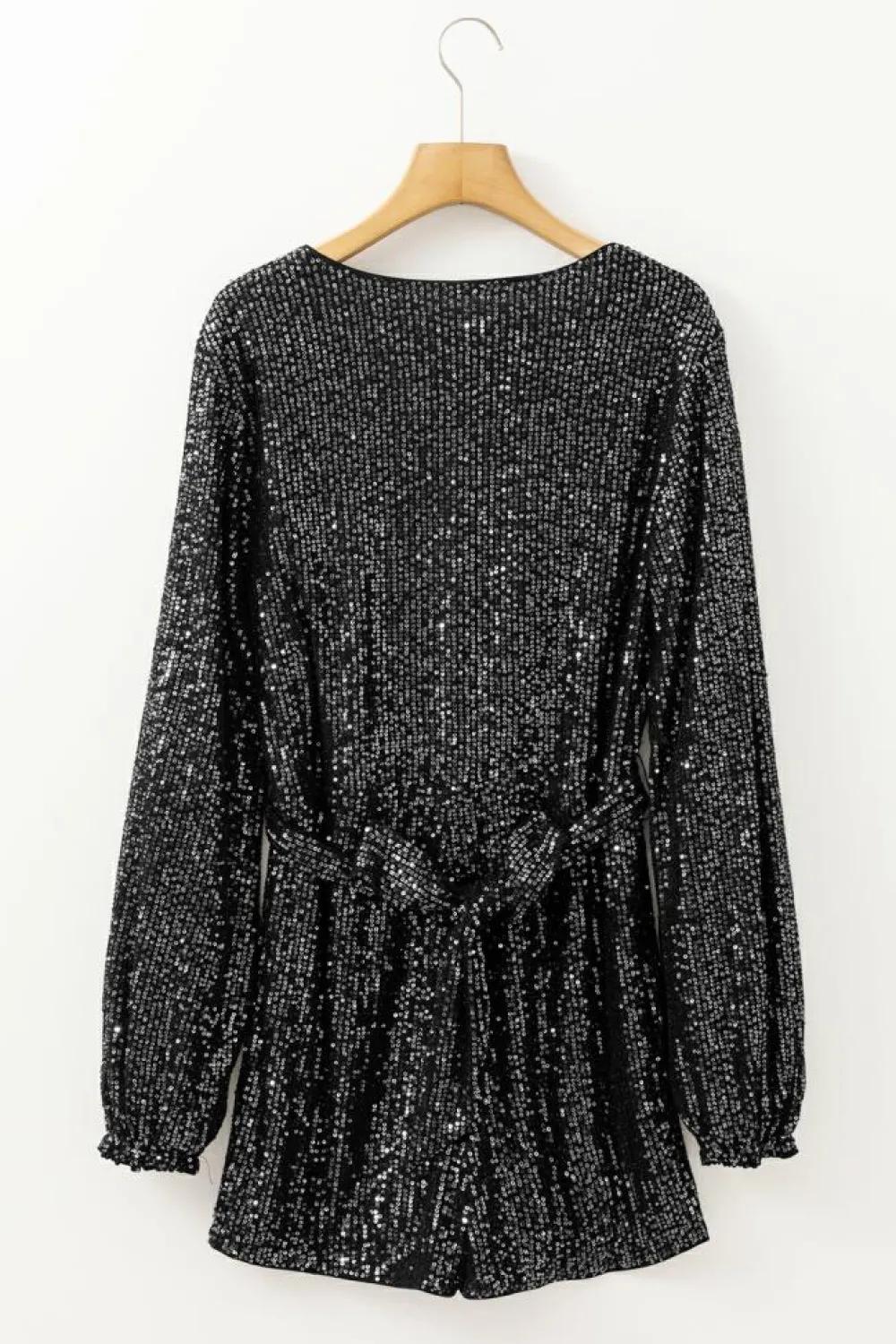 Best Dear-Lover Sequined V Neck Wrapped Long Sleeve Romper Black