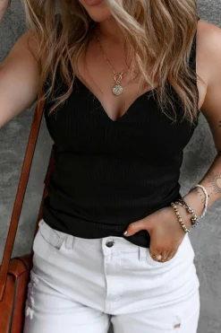 Discount Dear-Lover Sexy V Neck Ribbed Knit Sleeveless Top Black