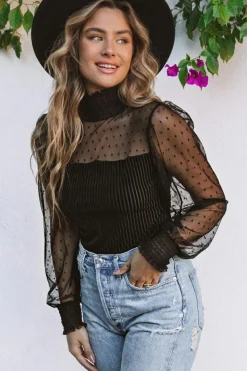 Outlet Dear-Lover Sheer Dotty Long Sleeve Ribbed Velvet Bodysuit Black