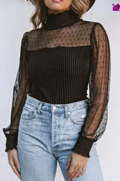 Outlet Dear-Lover Sheer Dotty Long Sleeve Ribbed Velvet Bodysuit Black