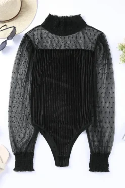 Outlet Dear-Lover Sheer Dotty Long Sleeve Ribbed Velvet Bodysuit Black
