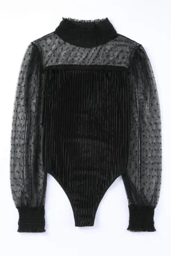 Outlet Dear-Lover Sheer Dotty Long Sleeve Ribbed Velvet Bodysuit Black
