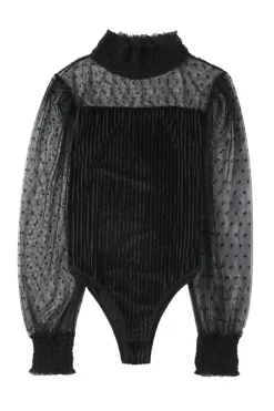 Outlet Dear-Lover Sheer Dotty Long Sleeve Ribbed Velvet Bodysuit Black