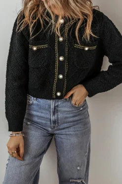 Outlet Dear-Lover Shimmer Flap Pocket Button up Cardigan Black