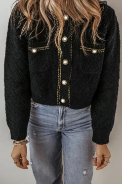 Outlet Dear-Lover Shimmer Flap Pocket Button up Cardigan Black