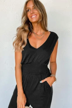 Outlet Dear-Lover Shirred High Waist Sleeveless V Neck Jumpsuit Black