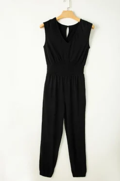Outlet Dear-Lover Shirred High Waist Sleeveless V Neck Jumpsuit Black