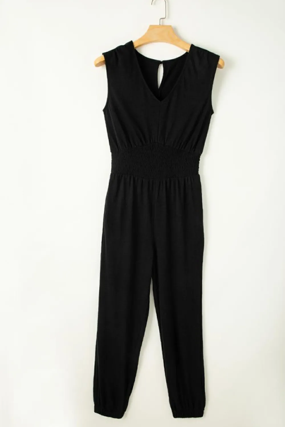 Outlet Dear-Lover Shirred High Waist Sleeveless V Neck Jumpsuit Black