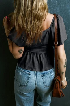 Best Dear-Lover Shirred V Neck Short Flutter Sleeve Textured Blouse Black