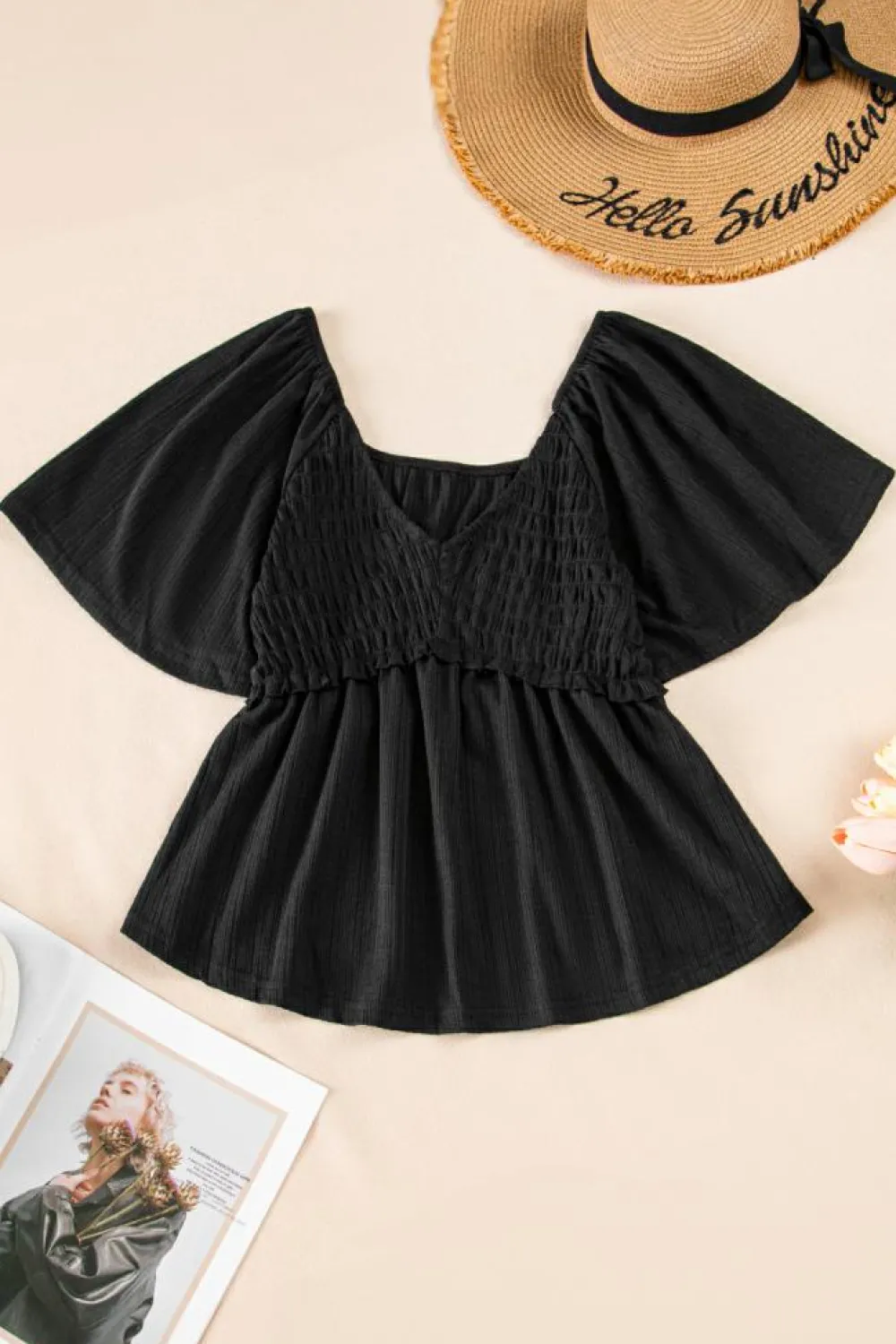 Best Dear-Lover Shirred V Neck Short Flutter Sleeve Textured Blouse Black