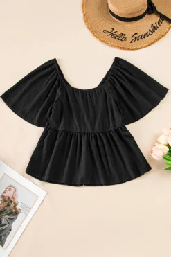 Best Dear-Lover Shirred V Neck Short Flutter Sleeve Textured Blouse Black