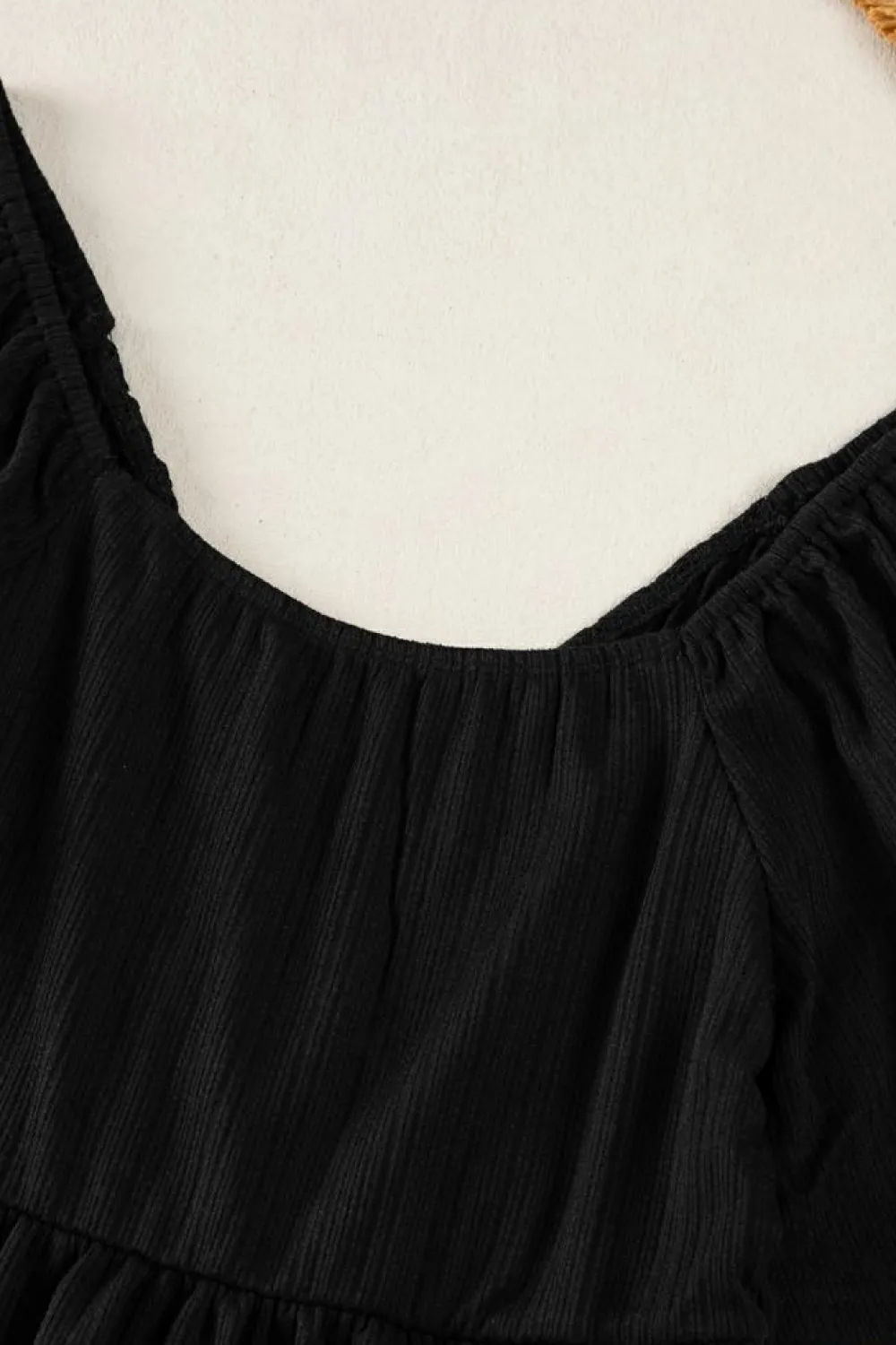 Best Dear-Lover Shirred V Neck Short Flutter Sleeve Textured Blouse Black