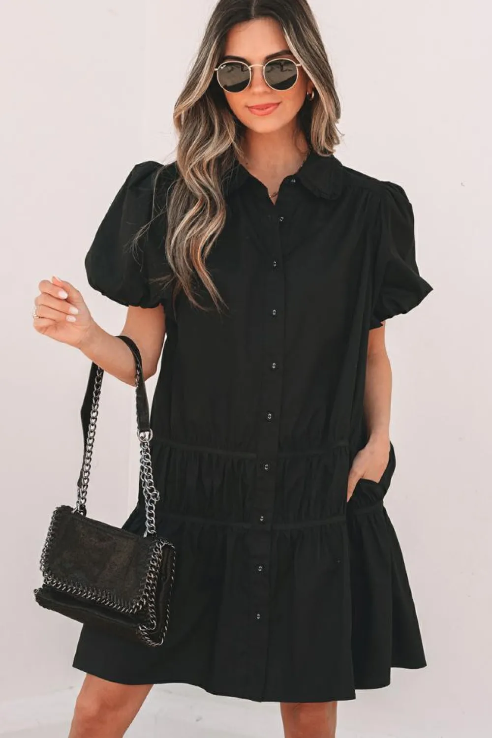 Sale Dear-Lover Shirt Style Button Down Puff Sleeve Ruffle Hem Dress Black