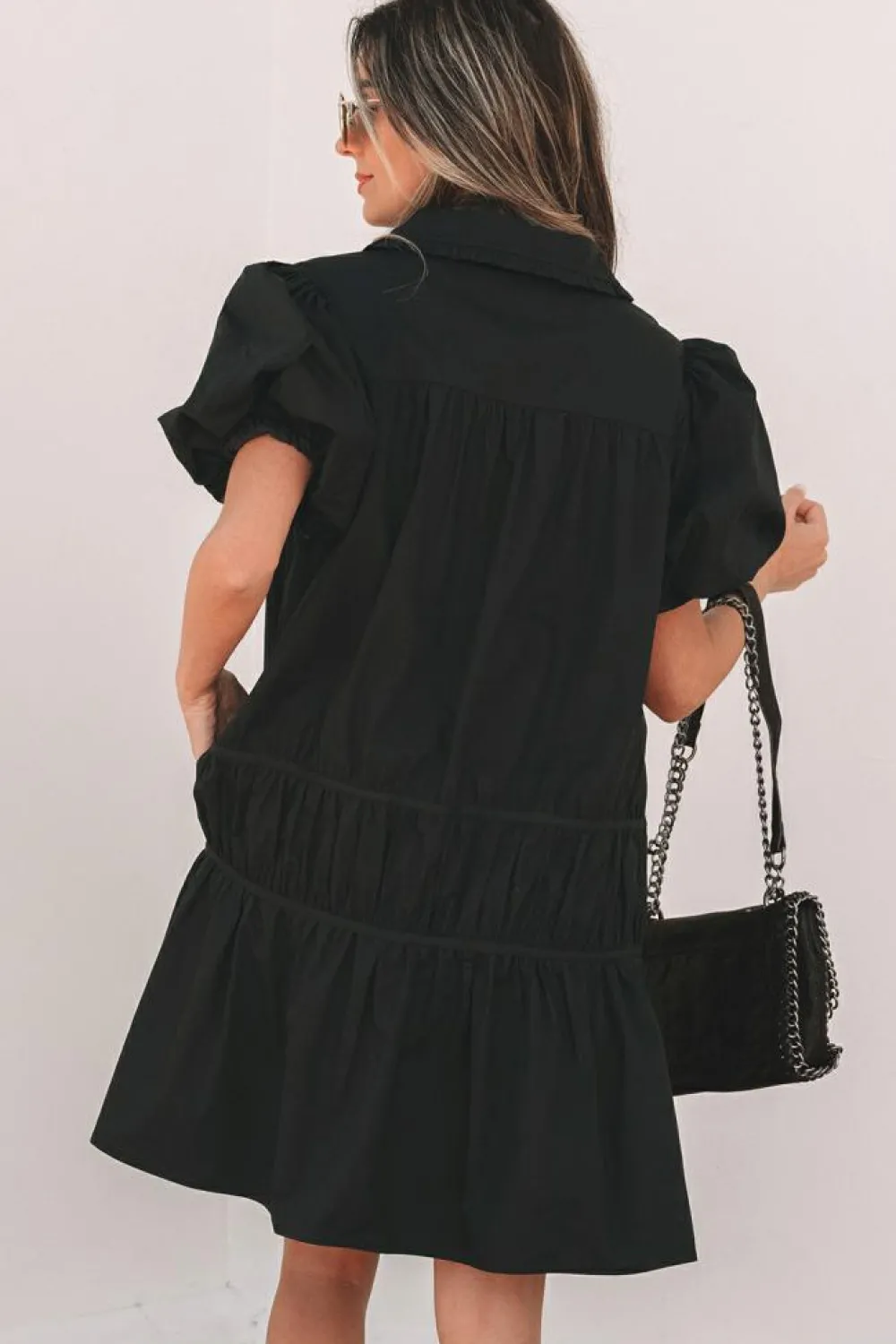 Sale Dear-Lover Shirt Style Button Down Puff Sleeve Ruffle Hem Dress Black
