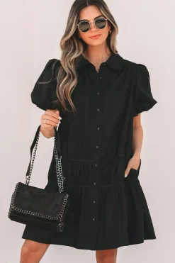 Sale Dear-Lover Shirt Style Button Down Puff Sleeve Ruffle Hem Dress Black
