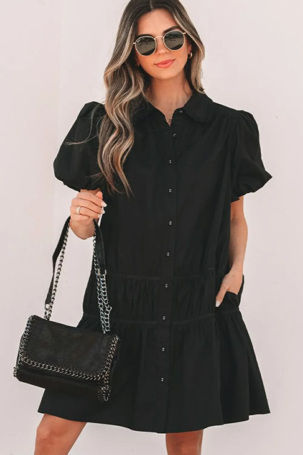 Sale Dear-Lover Shirt Style Button Down Puff Sleeve Ruffle Hem Dress Black
